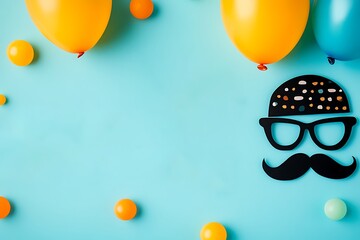 Fun fathers day celebration background with balloons and mustache party props for happy father's day