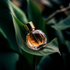 Luxurious Perfume Bottle on Lush Green Leaf