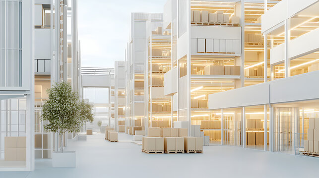 Return logistics and reverse supply chain, warehouses handling product returns, sorting lines, repackaging stations, minimal clean lines, 3D isometric flat vector, white background, muted industrial