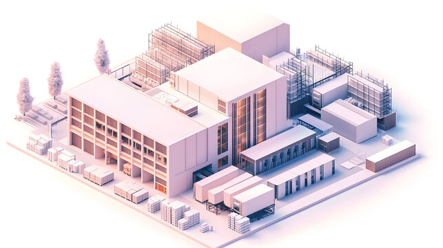 Return logistics and reverse supply chain, warehouses handling product returns, sorting lines, repackaging stations, minimal clean lines, 3D isometric flat vector, white background, muted industrial