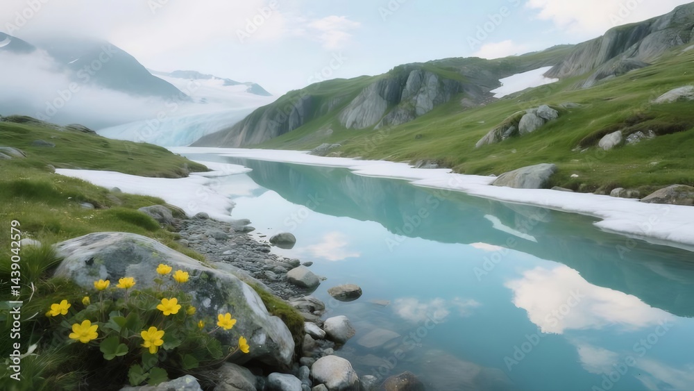 Aufkleber 高山風景 青い湖と氷河のコントラスト 緑豊かな草地と岩場に咲く黄色い花の風景画 穏やかな天気 自然の美しさ