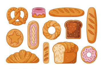 Cartoon illustration of various baked goods: braided bread, buns with jam, rolls, and a pretzel. Colorful and detailed vector set.