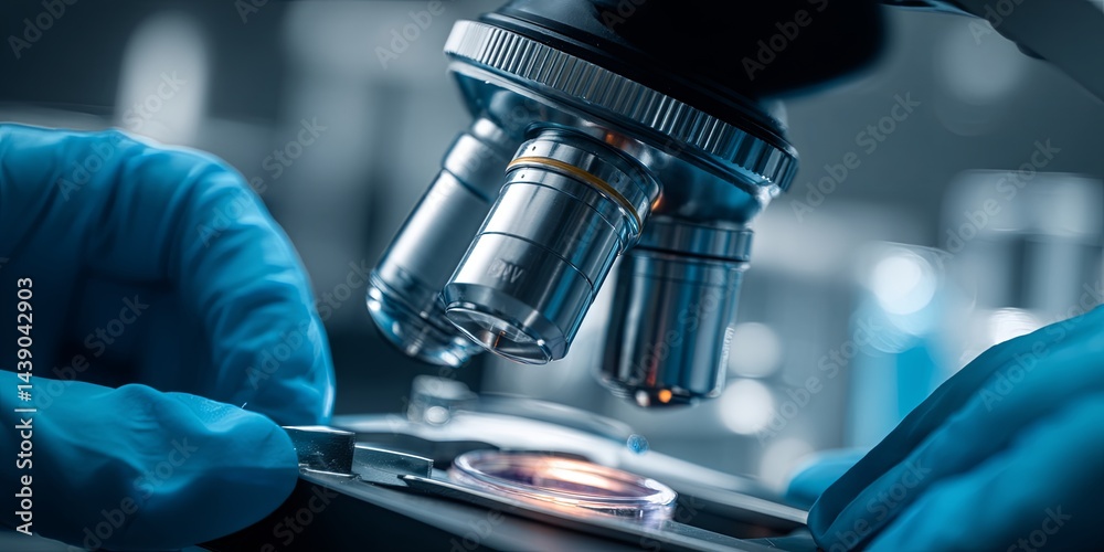 Poster close-up view of microscope with hands in blue gloves conducting scientific research in a laboratory