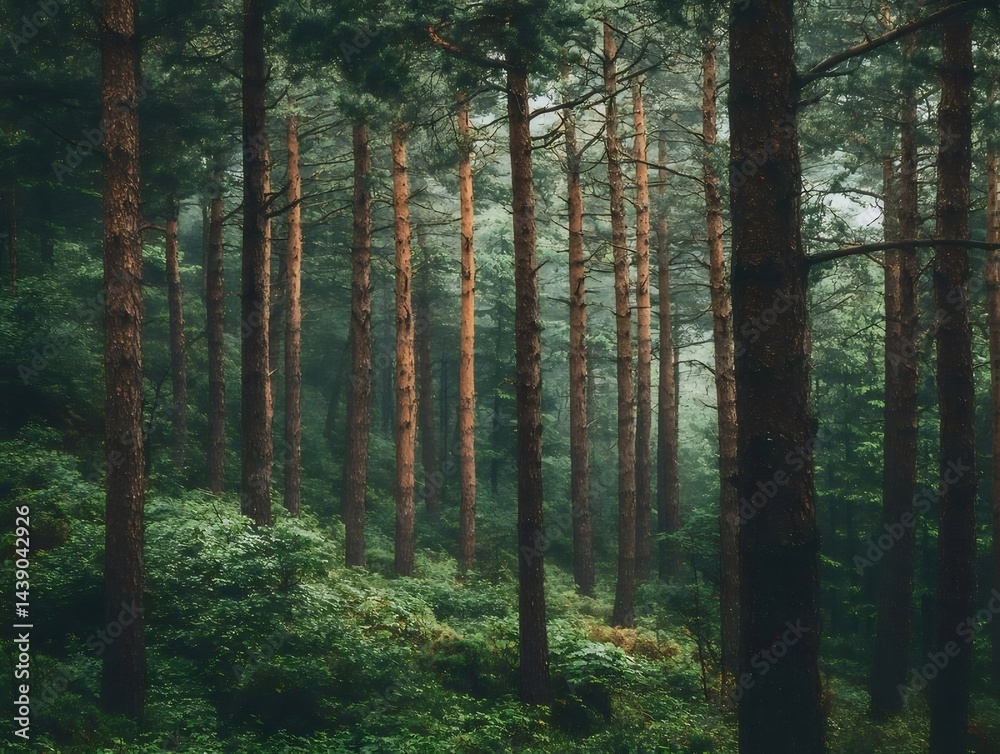 Aufkleber 緑豊かな森林の木々と光線の美しい風景写真 太陽光が差し込む深緑の木々 自然の神秘的な雰囲気