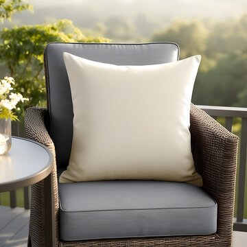 Plain pillow on an outdoor patio chair in soft morning light