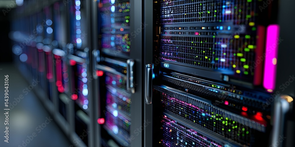 Leinwandbilder High-Definition Close-Up of a Modern Data Server Rack with Colorful LED Lights and Digital Technology Components for IT Infrastructure