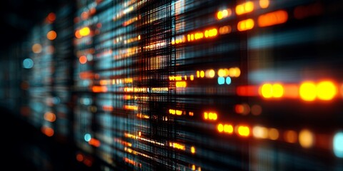 Naklejka premium Abstract representation of data processing and digital technology with vibrant code lines and glowing visual elements in a modern server environment
