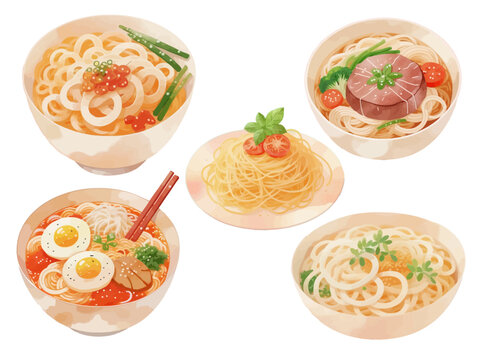 noodle ramen watercolor painting collection set icon beef noodle japanese food asian chinese china oriental restaurant menu illustration