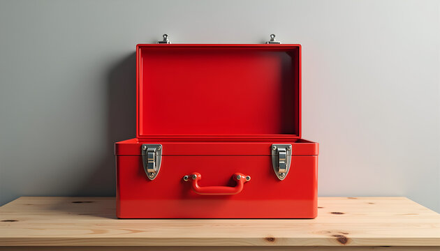 A red metal tool box sitting on top of a wooden table.