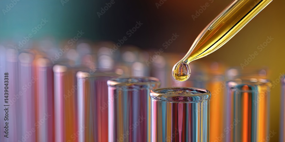 Poster Close-Up of a Dropper Releasing a Liquid Drop into a Row of Clear Test Tubes with a Colorful Background in a Laboratory Setting