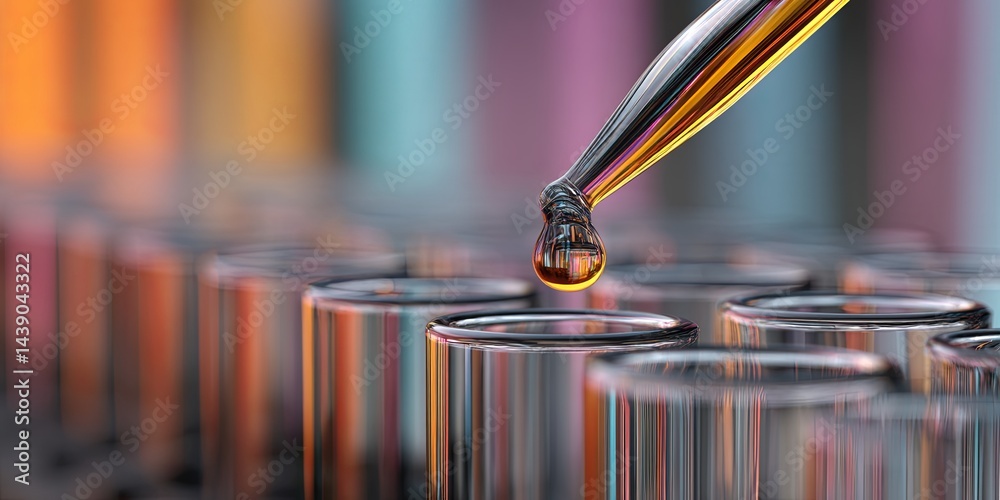 Poster Close-Up of a Dropper Releasing a Liquid Drop into a Row of Clear Test Tubes with a Colorful Background in a Laboratory Setting