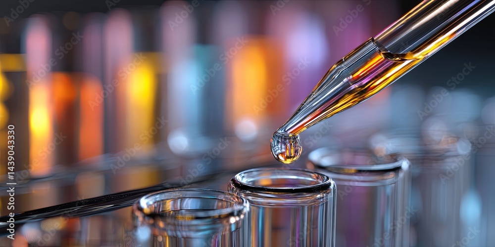 Aufkleber Close-Up of a Dropper Releasing a Liquid Drop into a Row of Clear Test Tubes with a Colorful Background in a Laboratory Setting