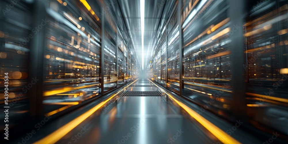 Poster Abstract Technology Data Center with Glowing LED Visuals and Bright Corridor Enhancing the Impression of Speed, Connectivity, and Digital Innovation
