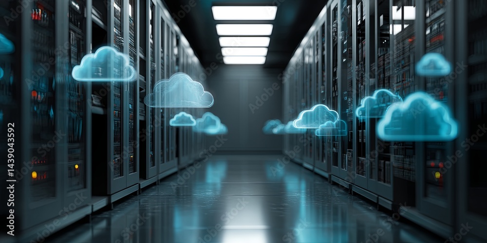 Poster Futuristic Data Center with Cloud Computing Icons Representing Digital Technology, Network Connectivity and Advanced Virtual Services in Binary Environment