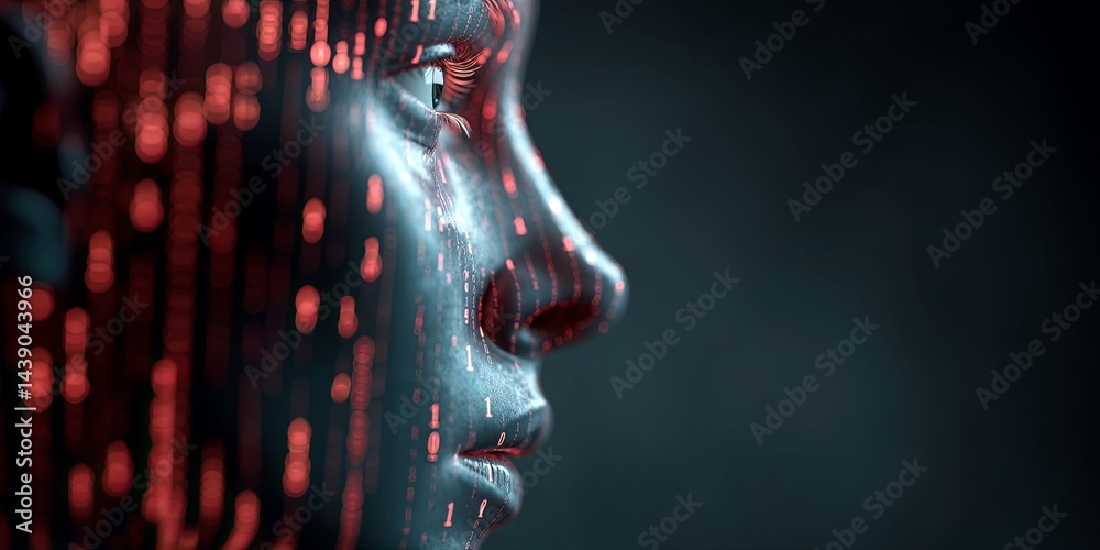 Fototapete Digital Human Profile with Binary Code and Data Streams Representing Artificial Intelligence and Future Technology Concepts