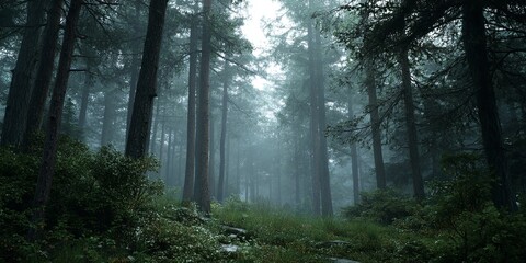 Fototapeta premium Misty Forest Environment with Dense Fog and Tall Trees Creating a Mysterious Atmosphere in Nature s Calm and Serene Setting