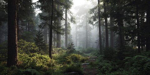 Misty Forest Environment with Dense Fog and Tall Trees Creating a Mysterious Atmosphere in Nature s Calm and Serene Setting