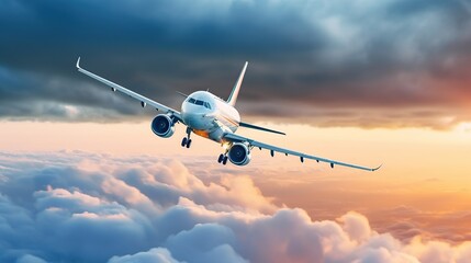 Obraz premium Airplane Flying Above Clouds at Sunset