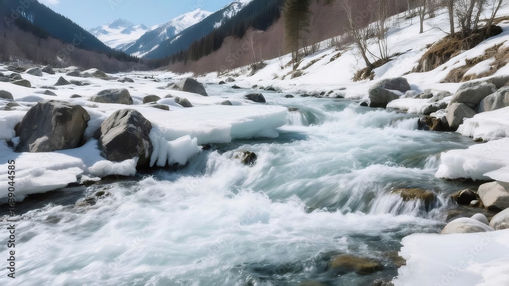 Aufkleber 雪山と清流の風景 氷と岩と水の流れ 美しい自然のパノラマ 春の雪解けのダイナミックな景色