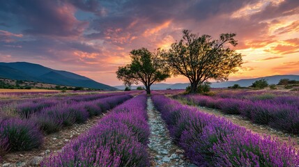 Obraz premium Colorful sunset over a lavender field pathway.