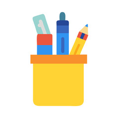 Colorful Art Supplies Icon &ndash; Pencils, Ruler, and Pen in Holder Vector