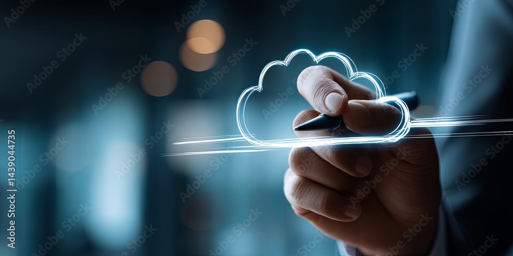 Poster Business professional using digital pen to create cloud computing diagram on touchscreen interface in modern office setting with blue tones