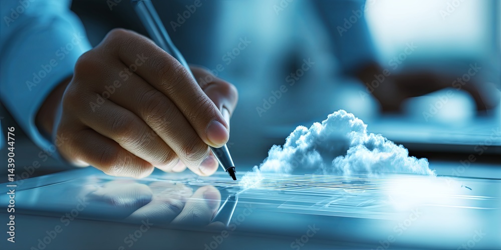 Poster Business professional using digital pen to create cloud computing diagram on touchscreen interface in modern office setting with blue tones