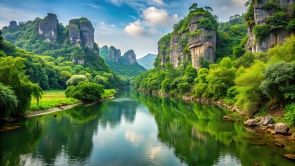 Fototapeta premium Serene Winding River with Lush Greenery and Rocky Outcrops, scenic , greenery, scenic