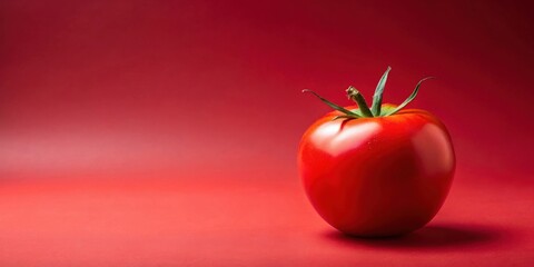 A juicy red farm tomato sits atop a vibrant red background, its skin glistening with dew and contrasting against the bold color of its surroundings , fruit, harvest