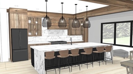 Modern kitchen design featuring a large island and wooden cabinetry.