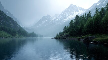 Fototapeta premium Rain Falling on Calm Lake Surrounded by Snowy Mountains and Trees