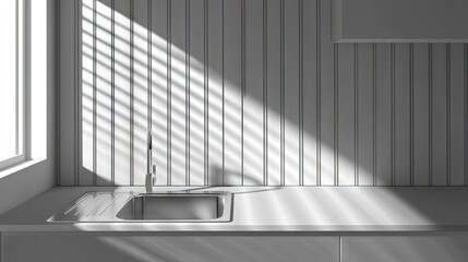 Modern, minimalist kitchen countertop with sunlight filtering through blinds.