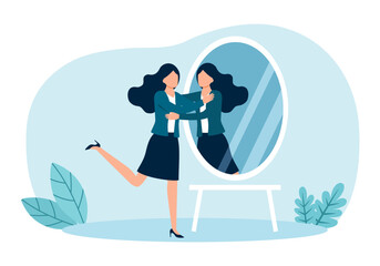 Woman standing near the mirrow and hugging her own reflection. Concept of self-love and self-acceptance. Self esteem.