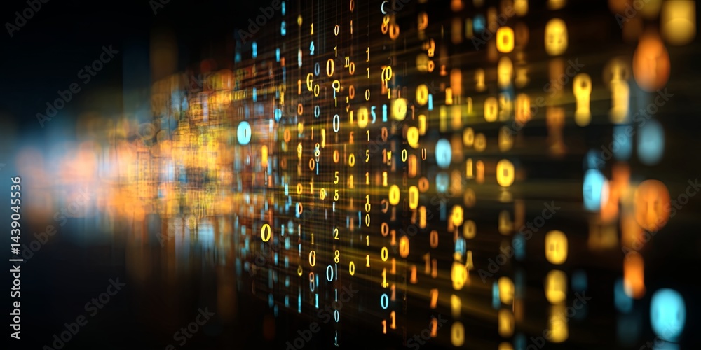 Poster Abstract digital data code background with glowing lines and numbers representing technology, innovation, and software development concepts in dark space