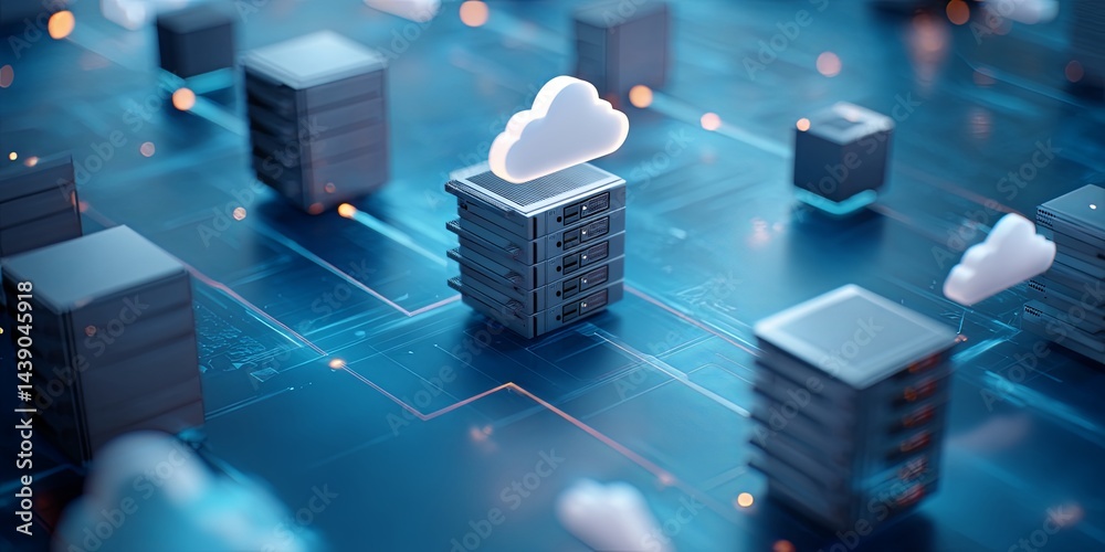 Poster Modern digital technology concept showcasing devices, storage units, cloud computing, and data security in a vibrant blue background with visual connections