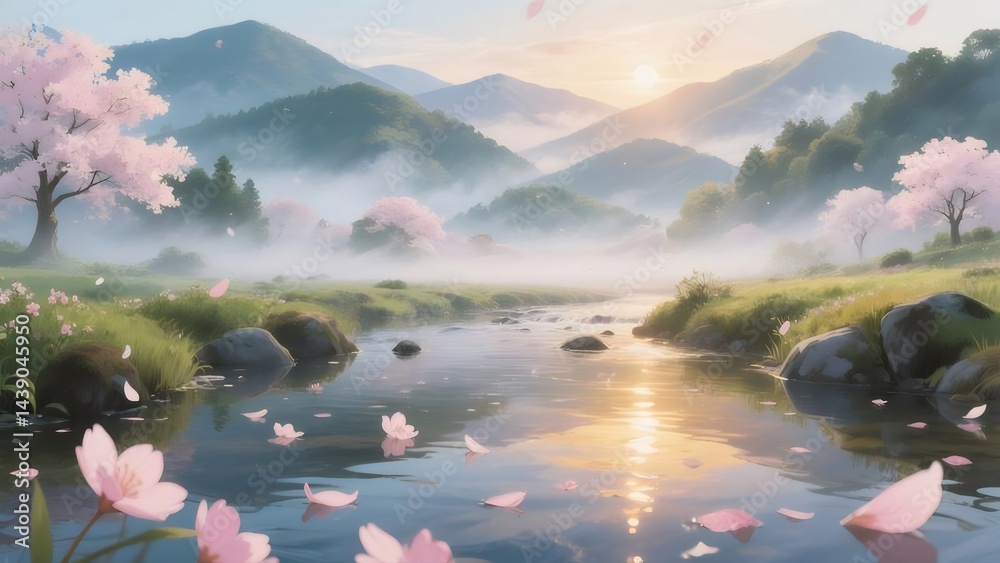 Aufkleber 日本の桜並木 川沿いの風景 春の日の光とピンクの花びら 穏やかな自然美を描く