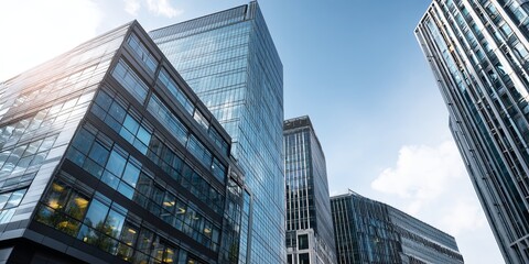 Fototapeta premium Modern Office Buildings with Glass Facades and Blue Sky, Architectural Viewpoint of Urban Landscape at Daytime, High-Rise Construction