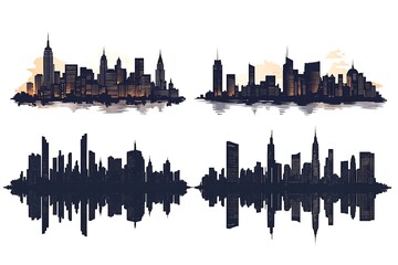 Obraz premium Vector set of city skyline silhouettes with water reflections artistic urban landscape