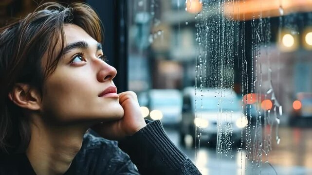 Reflective woman gazing out rainsoaked window in urban scene