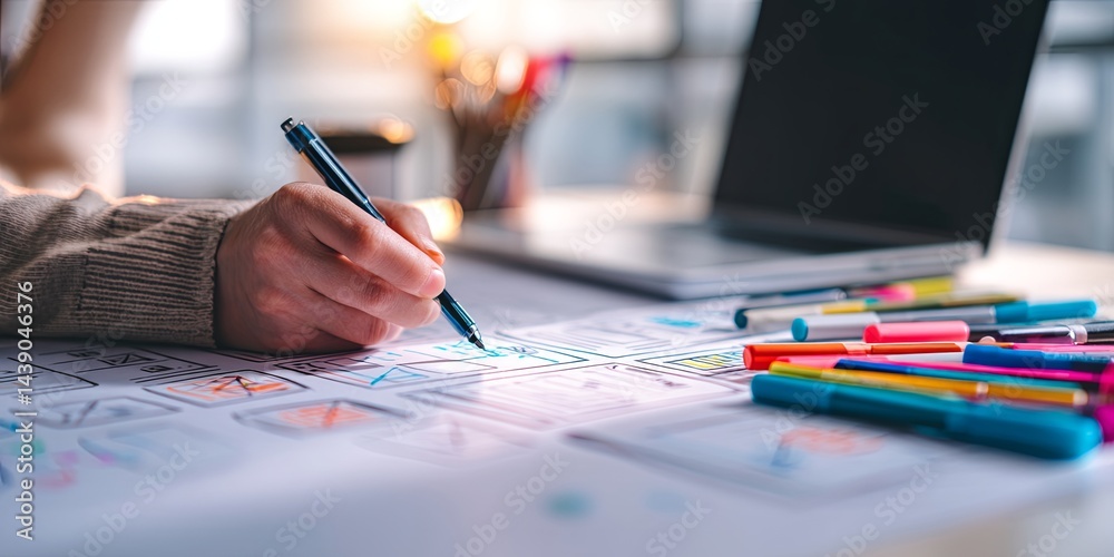Fototapete Hands Creating Wireframe Design for Website with Laptop and Markers on Table, Concept of Web Development and User Interface Design Process