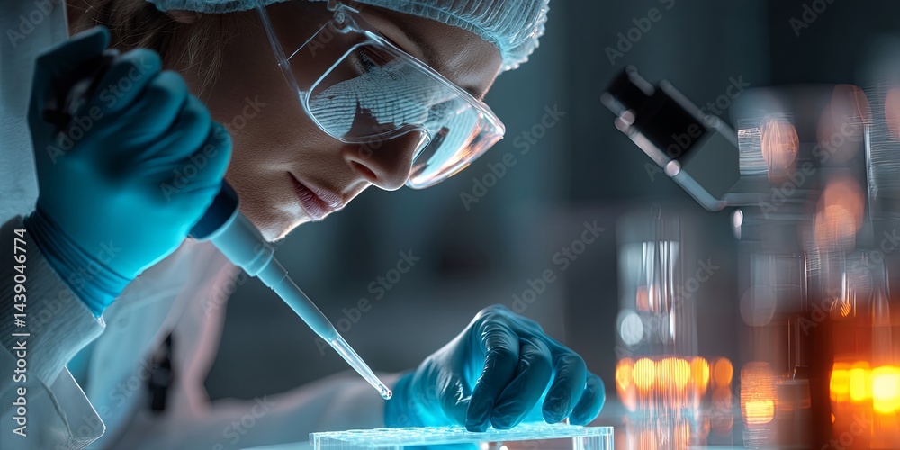 Poster female scientist in laboratory conducting research with pipette while wearing protective gear and a 