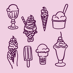 Minimalist line art collection of ice cream cones, sundaes, and popsicles. A fun and playful, hand-drawn style.