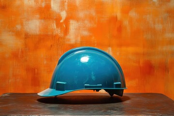 Teal safety helmet positioned on a dark surface against an orange wall backdrop.