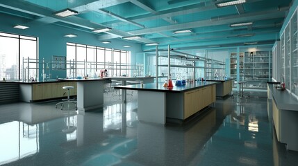 Modern, well-lit laboratory interior with teal accents.
