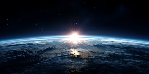 Beautiful view of Earths horizon with sun rays casting light into the dark expanse of space, creating a stunning celestial scene for backgrounds or designs