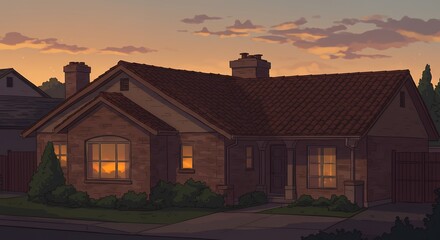 House at Sunset Illustration