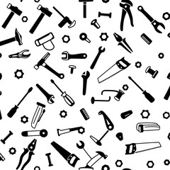 Handyman Seamless Pattern: A whimsical and eclectic hand-drawn seamless pattern featuring a cheerful assortment of tools, perfectly capturing the essence of DIY, construction, and craftsmanship.