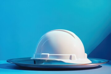 White safety helmet on a metallic platter against a vibrant blue backdrop.