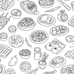 Food pattern: Delicious food pattern illustration featuring various dishes, including grilled meats, rice dishes, and various side dishes. Perfect for restaurant menus, food blogs.