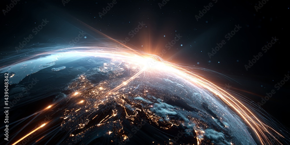 Aufkleber Stunning Digital Representation of Earth with Bright Lights, Data Streams, and Bright Stars in a Cosmic Space Background for High-Tech Visuals
